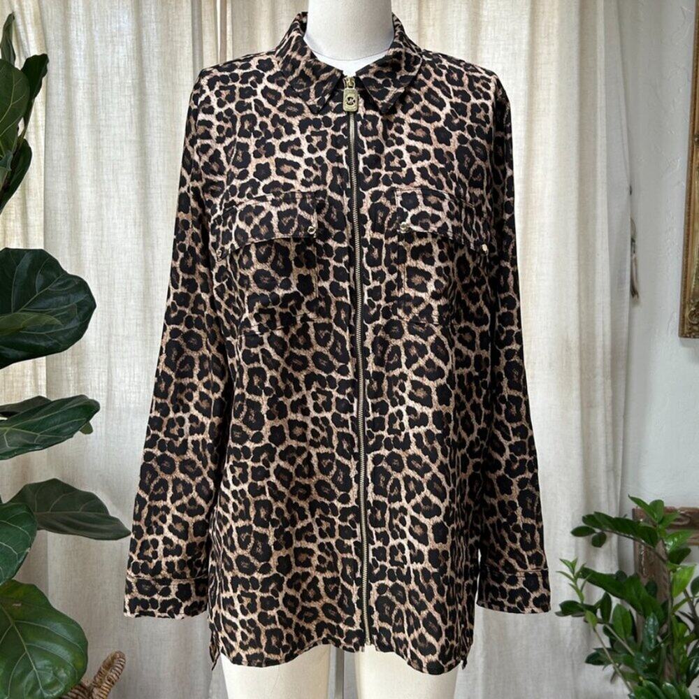 Michael Kors Leopard Animal Print Top Womens L Zip Up Blouse Lightweight Luxury - Picture 7 of 13